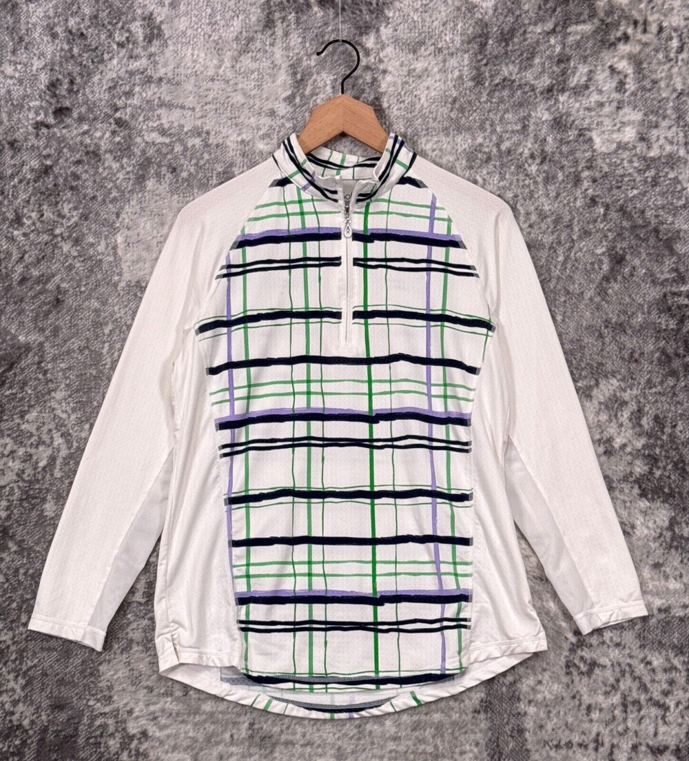 San Soleil 1/4 Zip Shirt Medium Womens White Plaid UPF 50 Golf Tennis